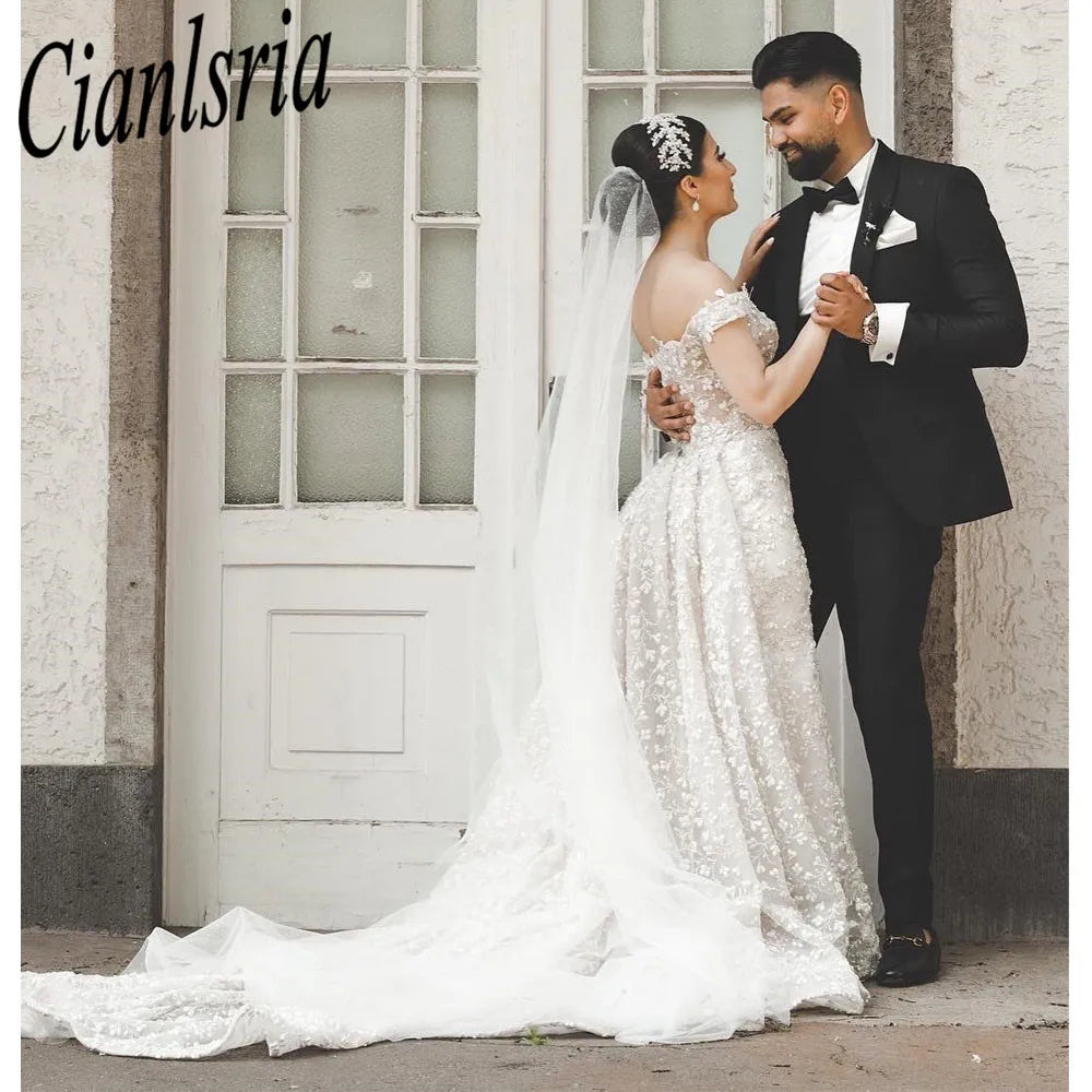 Vestido De Noiva Off Shoulder Lace Mermaid Wedding Dress 2023 Sexy Illusion Detachable Train Trumpet Vintage Bridal Gown