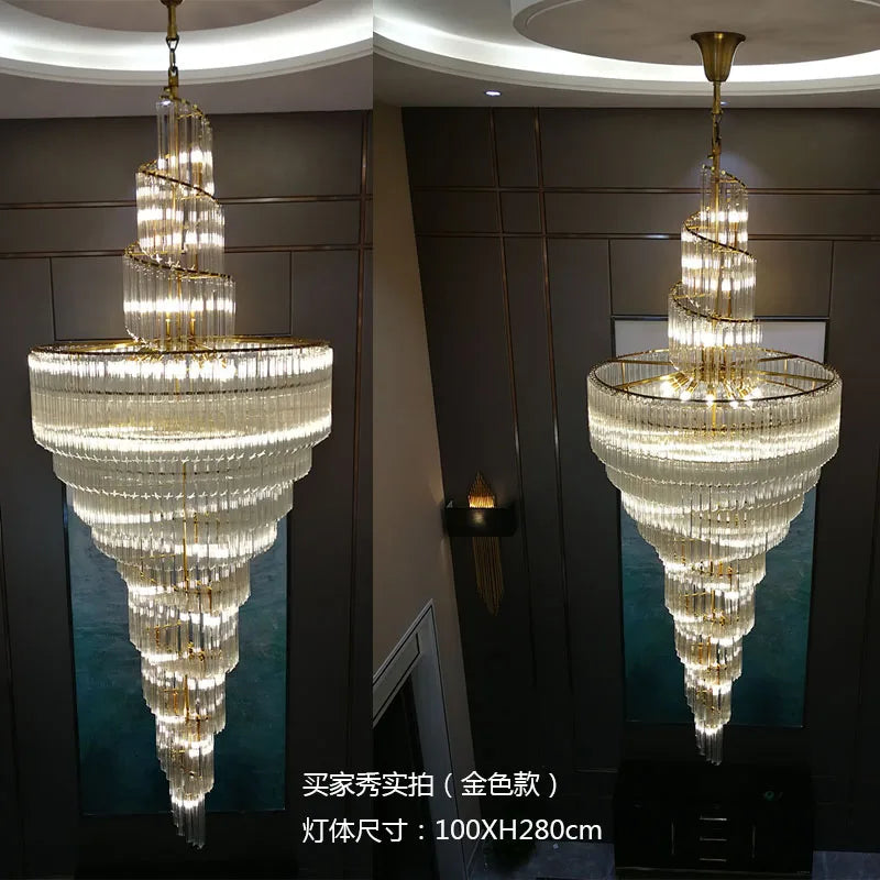 Villa chandelier duplex building crystal light post-modern luxury stairs long chandelier hollow leap shop atmospheric lamps