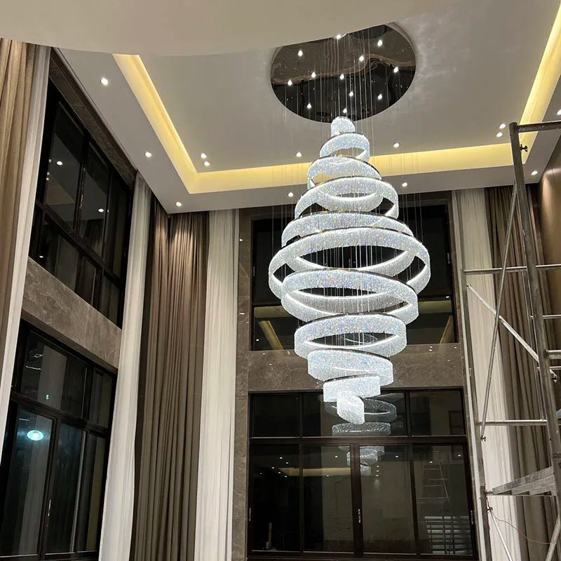 Villa duplex building crystal living room large chandelier modern minimalist circular staircase light luxury restaurant lamp