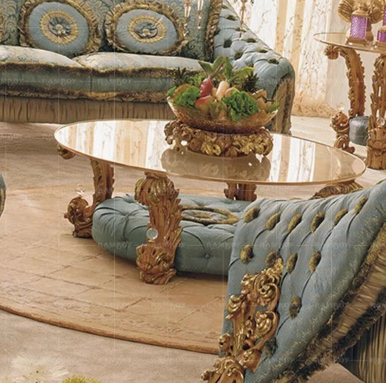 Wood Carved Sofa Court Luxury Fabric Craft Sofa Combination Villa Living Room Furniture