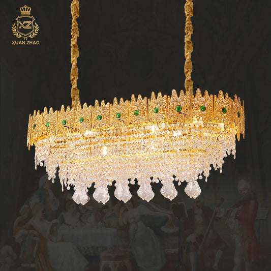 XUANZHAO European Restaurant Chandelier Light French Copper Rectangle Lamp Villa Luxury Crystal Personality Creative Lamp