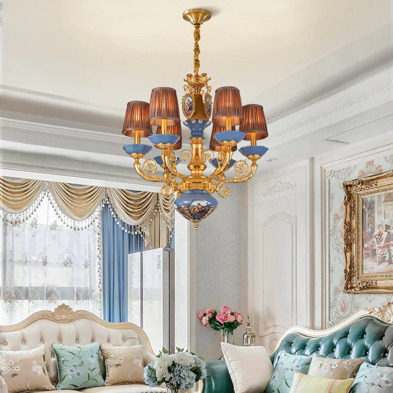 XUANZHAO French Classic Luxury Full Copper Chandelier Villa Lobby Bedroom Warm Romantic Ceramic Lamps And Lanterns