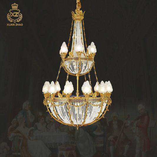 XUANZHAO Rococo Luxury Brass Gold Hanging Lamp Large Long Size Villa Hotel Stairwell Chandelier European Style Crystal Lamp