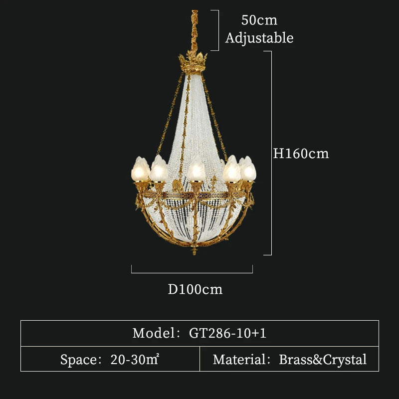 XUANZHAO Rococo Luxury Brass Gold Hanging Lamp Large Long Size Villa Hotel Stairwell Chandelier European Style Crystal Lamp
