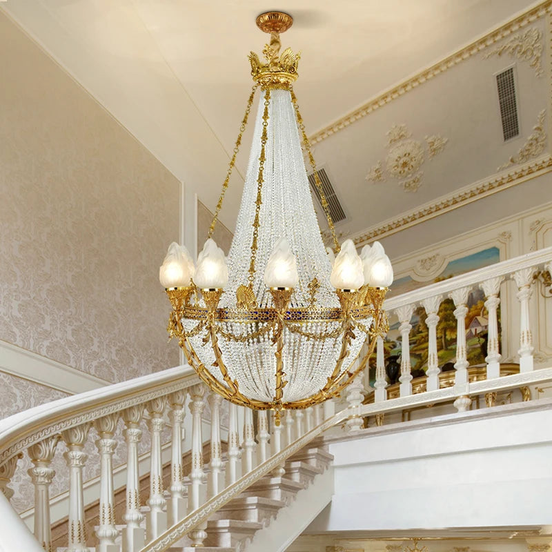 XUANZHAO Rococo Luxury Brass Gold Hanging Lamp Large Long Size Villa Hotel Stairwell Chandelier European Style Crystal Lamp