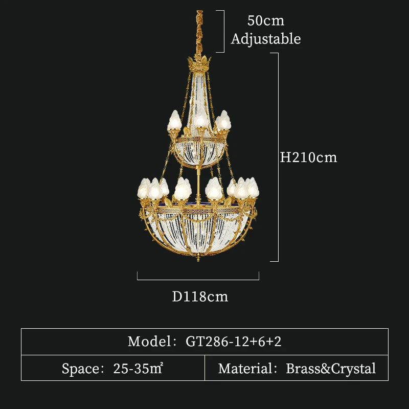 XUANZHAO Rococo Luxury Brass Gold Hanging Lamp Large Long Size Villa Hotel Stairwell Chandelier European Style Crystal Lamp