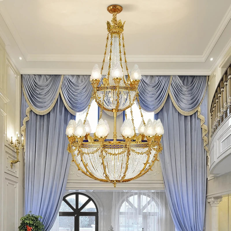 XUANZHAO Rococo Luxury Brass Gold Hanging Lamp Large Long Size Villa Hotel Stairwell Chandelier European Style Crystal Lamp