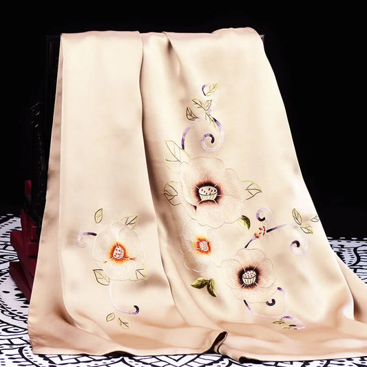 Xiuzhuang self sells 2023 new handmade embroidered silk scarf shawl "Suya Mountain Tea" Chinese style scarf