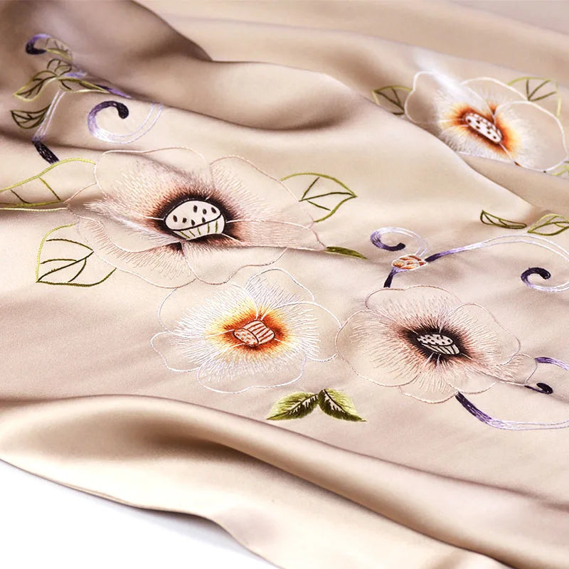 Xiuzhuang self sells 2023 new handmade embroidered silk scarf shawl "Suya Mountain Tea" Chinese style scarf