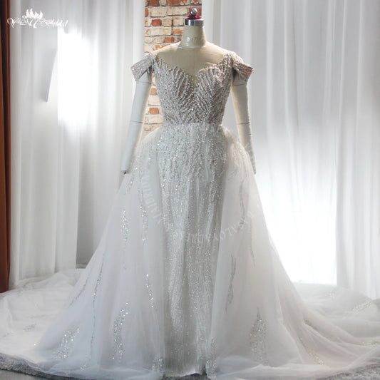 Yiai African Lady Luxury Beading Sparkling Off The Shoulder 2 In 1 Mermaid Gown With Detachable Skirt Bling Bling Wedding Dress