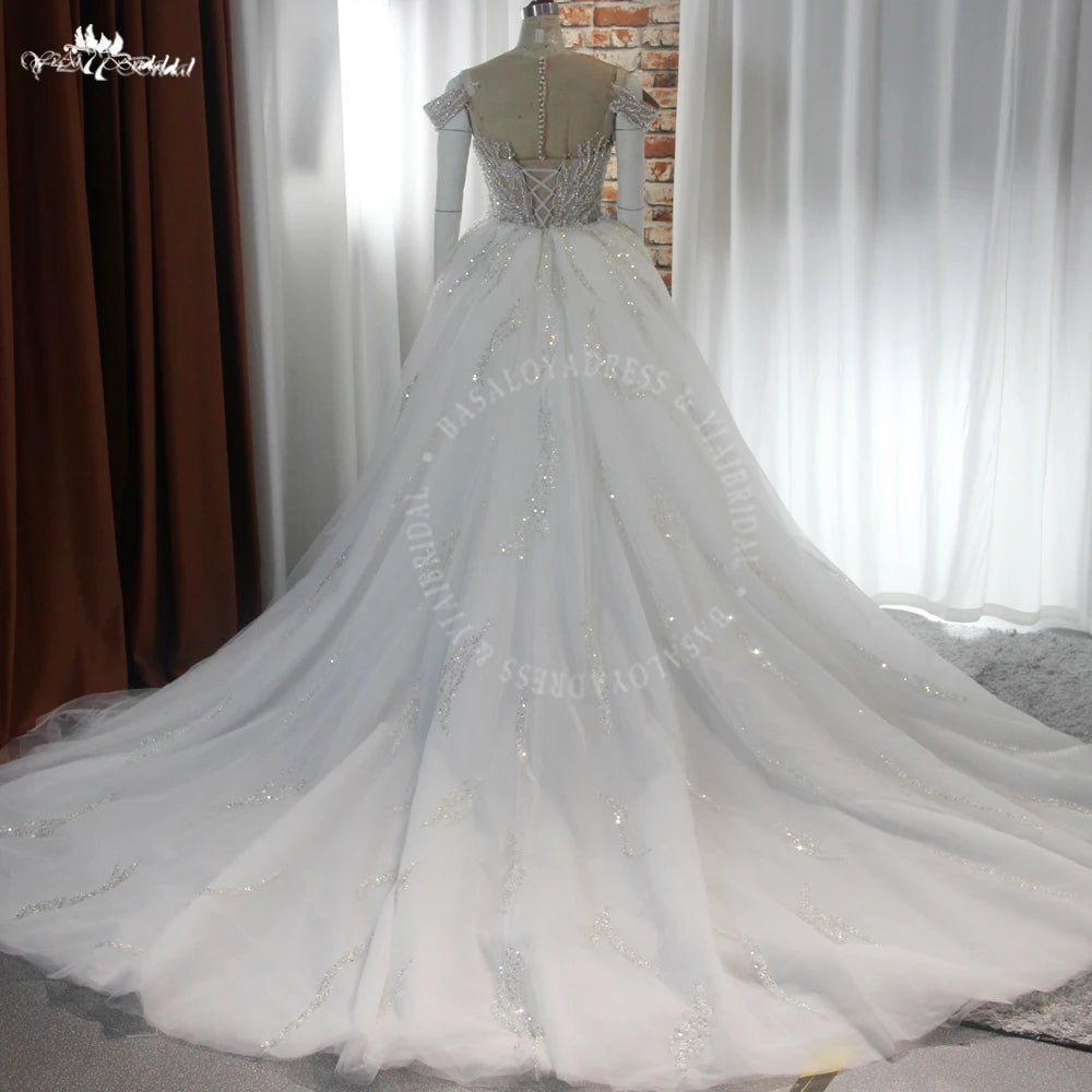 Yiai African Lady Luxury Beading Sparkling Off The Shoulder 2 In 1 Mermaid Gown With Detachable Skirt Bling Bling Wedding Dress