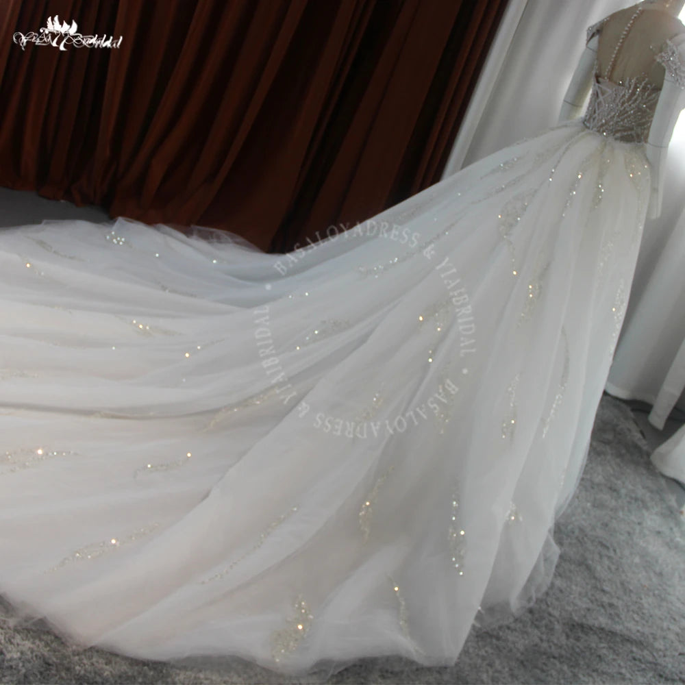 Yiai African Lady Luxury Beading Sparkling Off The Shoulder 2 In 1 Mermaid Gown With Detachable Skirt Bling Bling Wedding Dress