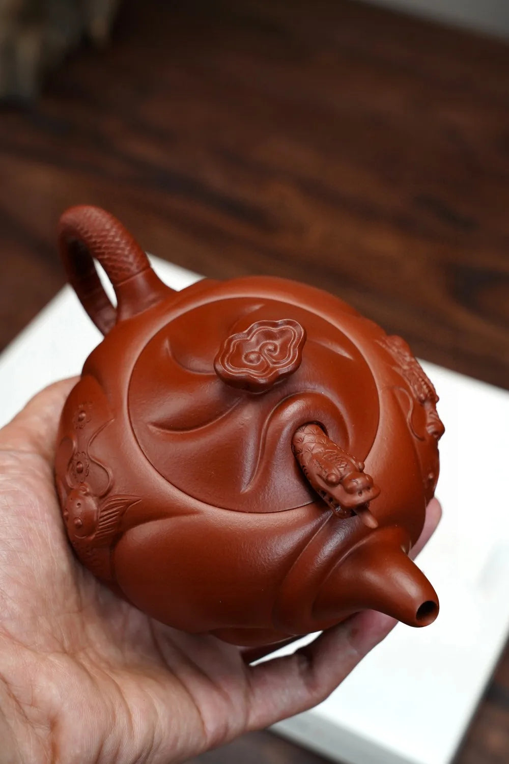 Yixing Purple Clay Master Pure Handmade Small Coal Kiln Vermilion Mud Fish Hualong Pot High End Household Kung Fu Tea Set