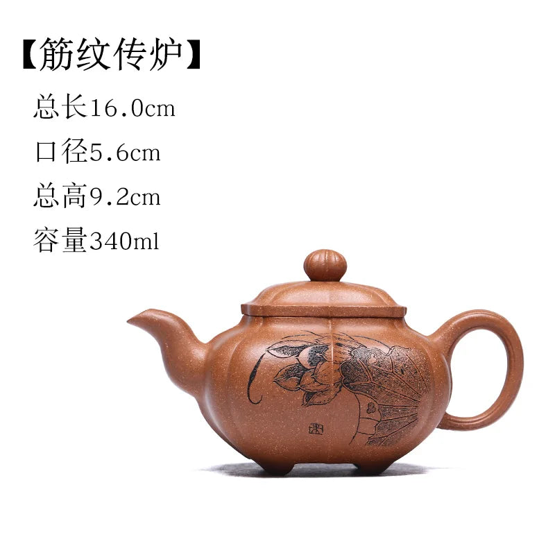 Yixing Purple Clay Pot Pure Handcarved Tea Raw Mineral Cold Gold Yellow Mud Set With Corner Rib Pattern