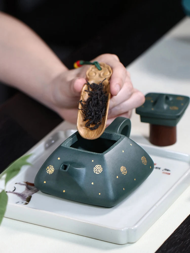 Yixing Purple Clay Pot Pure Handmade Sprinkled Gold Household Tea Square Ware, Raw Mineral, Dark Green Mud,