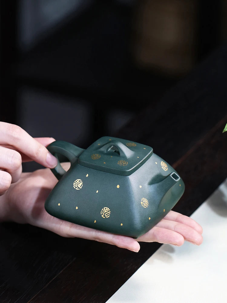 Yixing Purple Clay Pot Pure Handmade Sprinkled Gold Household Tea Square Ware, Raw Mineral, Dark Green Mud,