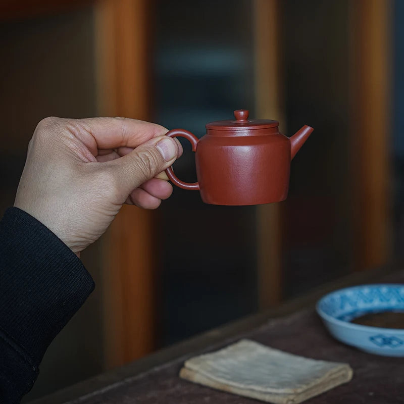 Yixing Purple Clay Pot, Small Coal Kiln, Dahongpao, Xu Yuefeng, Pure Handmade Imitation Of Ancient Folded Shoulder Flat Lid Pot