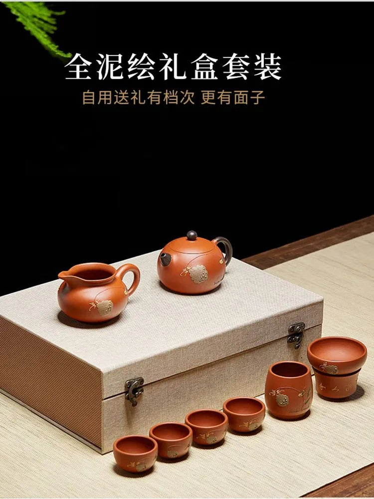 Yixing Purple Clay Pure Handmade Original Mine, Vermilion Mud, Premium Western Shi Pot, Tea Set, High End Gift To Teacher