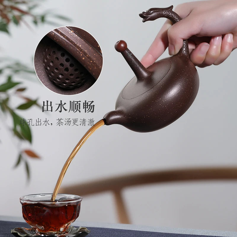 |Yixing purple clay pot famous pure handmade raw ore Purple mud double dragon playing with beads Kung Fu tea pot tea set