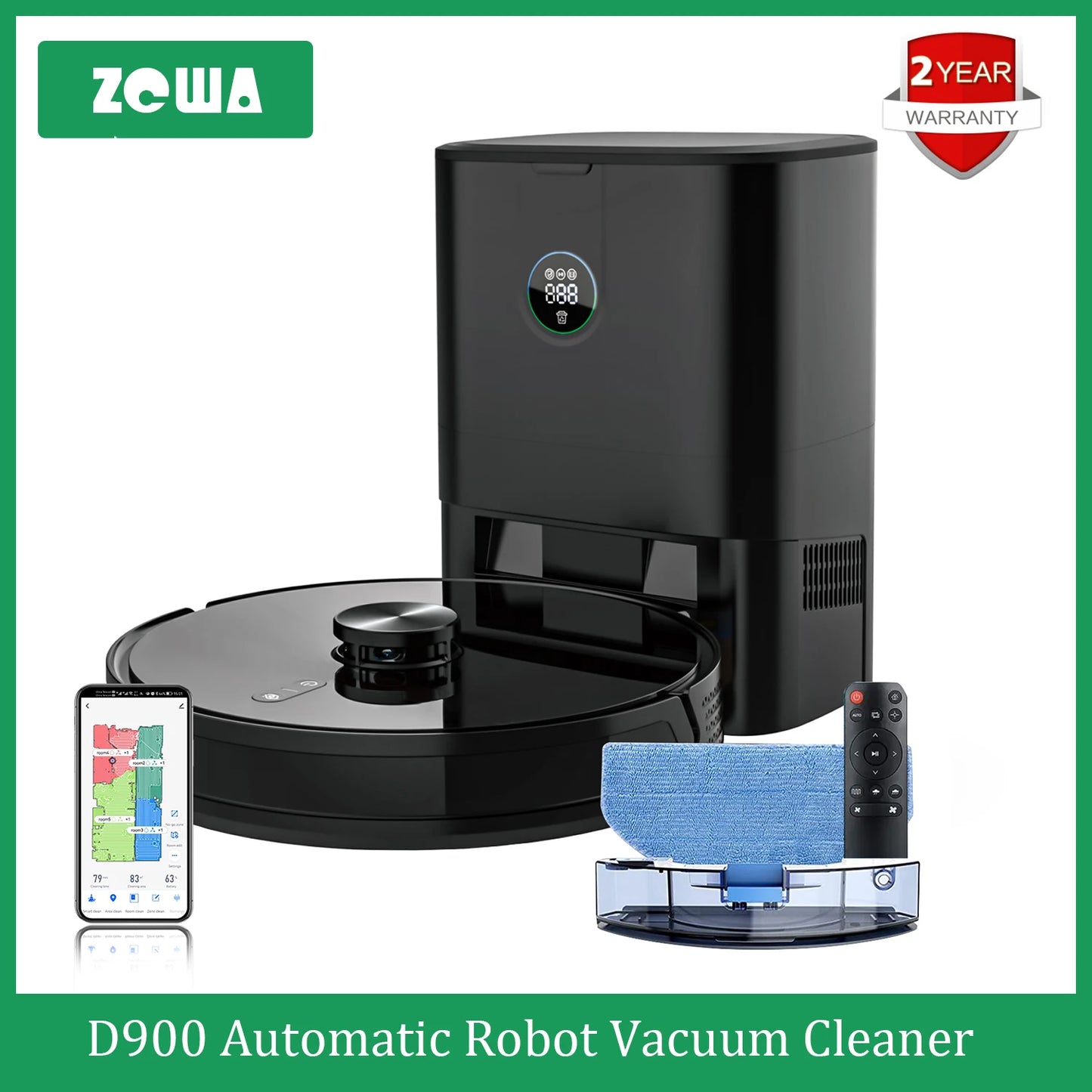 ZCWA D900 Robot Vacuum Cleaner with Auto-empty Dock, 6000PA Suction, Multi-Floor Maping, Customized Wet Dry Room Cleaning