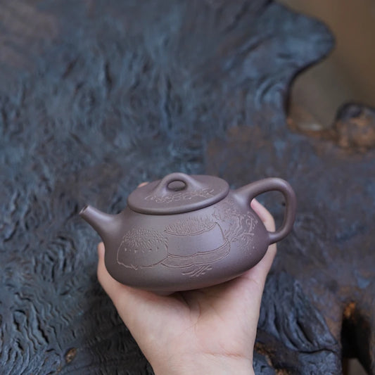 Zen Yuantang Yixing Purple Clay Pot Carving Flat Lid Shipiao Teapot Huanglongshan Raw Ore Daguitan Sky Blue Mash