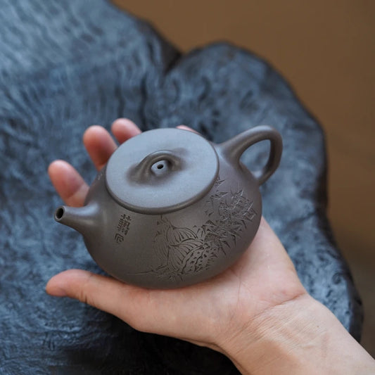 Zen Yuantang Yixing Purple Clay Pot Carving Flat Lid Shipiao Teapot Huanglongshan Raw Ore Daguitan Sky Blue Mash