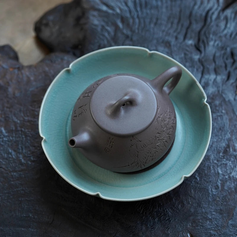 Zen Yuantang Yixing Purple Clay Pot Carving Flat Lid Shipiao Teapot Huanglongshan Raw Ore Daguitan Sky Blue Mash