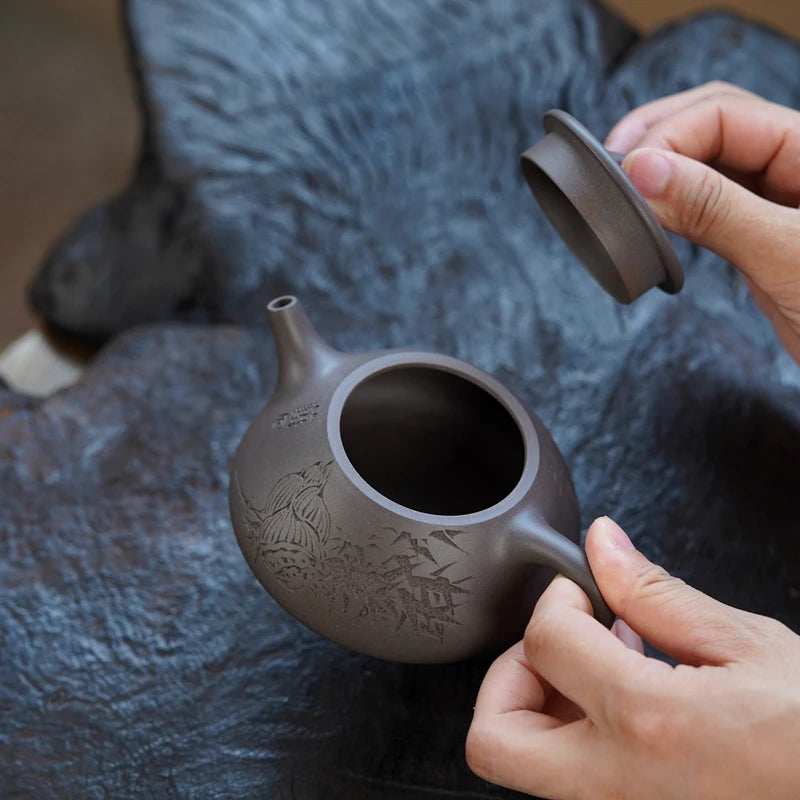 Zen Yuantang Yixing Purple Clay Pot Carving Flat Lid Shipiao Teapot Huanglongshan Raw Ore Daguitan Sky Blue Mash