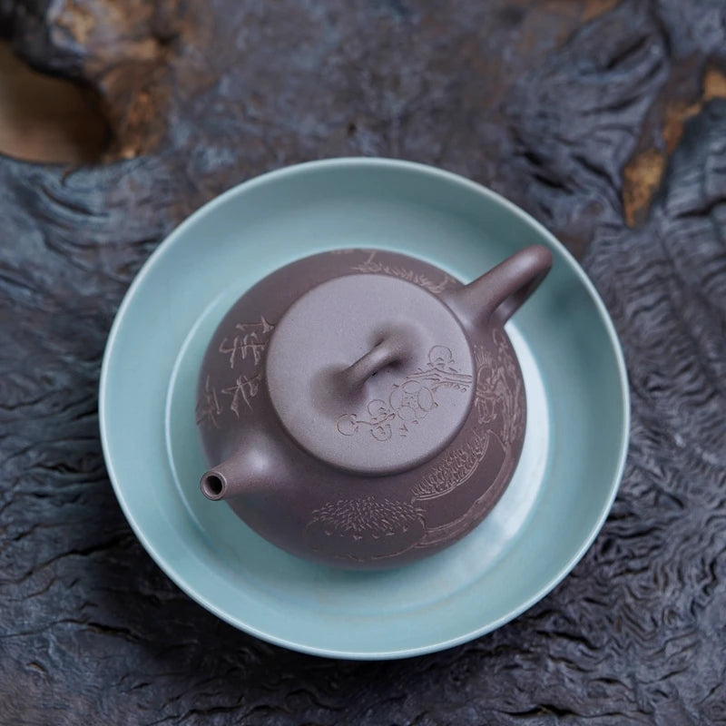 Zen Yuantang Yixing Purple Clay Pot Carving Flat Lid Shipiao Teapot Huanglongshan Raw Ore Daguitan Sky Blue Mash