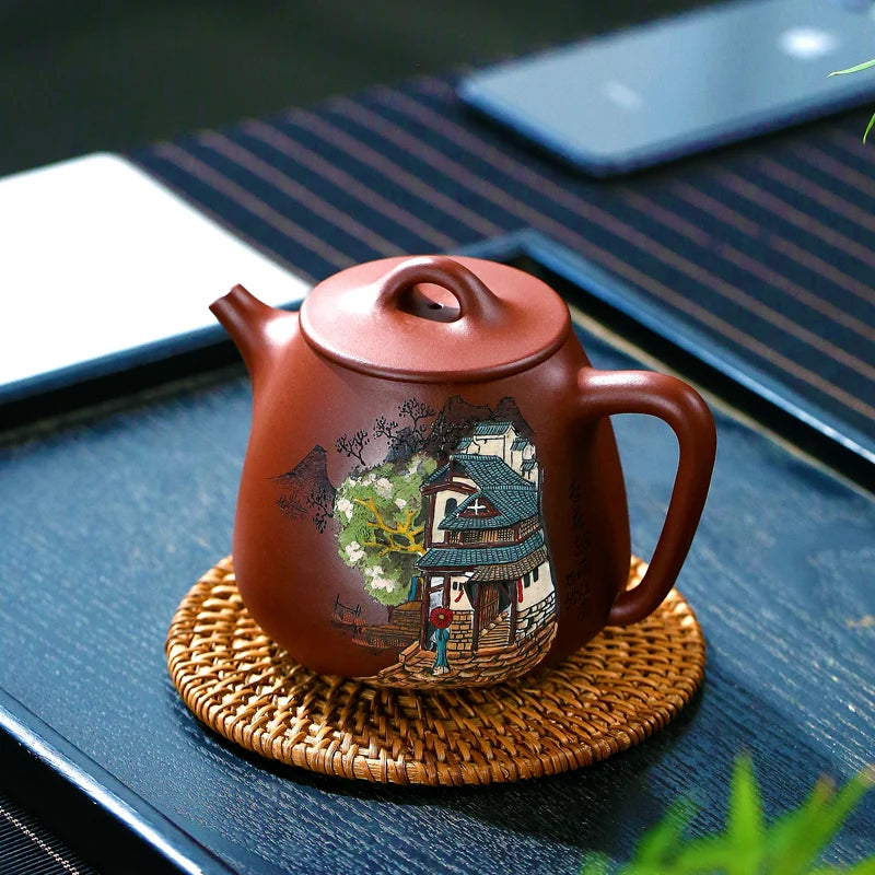 |Zhang Xiaoling clay painted relief purple clay bottom groove clear purple sand teapot tea set Kung Fu single pot
