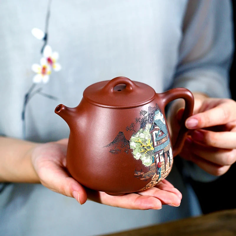 |Zhang Xiaoling clay painted relief purple clay bottom groove clear purple sand teapot tea set Kung Fu single pot