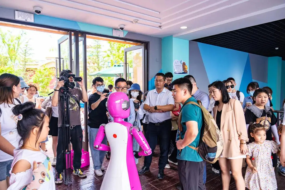 brand new smart intelligent automatic robot waiter for restaurant hotel showing advertisements guiding welcoming
