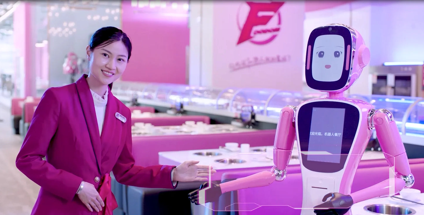 brand new smart intelligent automatic robot waiter for restaurant hotel showing advertisements guiding welcoming