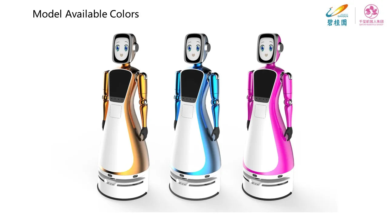 brand new smart intelligent automatic robot waiter for restaurant hotel showing advertisements guiding welcoming