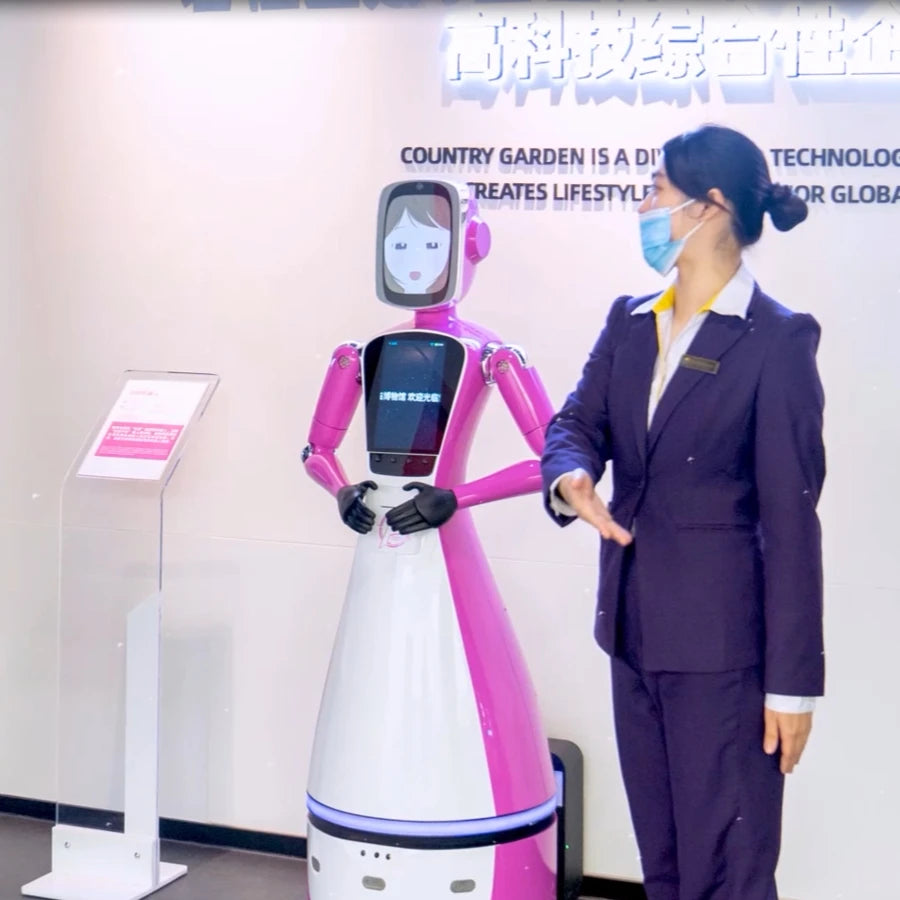 brand new smart intelligent automatic robot waiter for restaurant hotel showing advertisements guiding welcoming