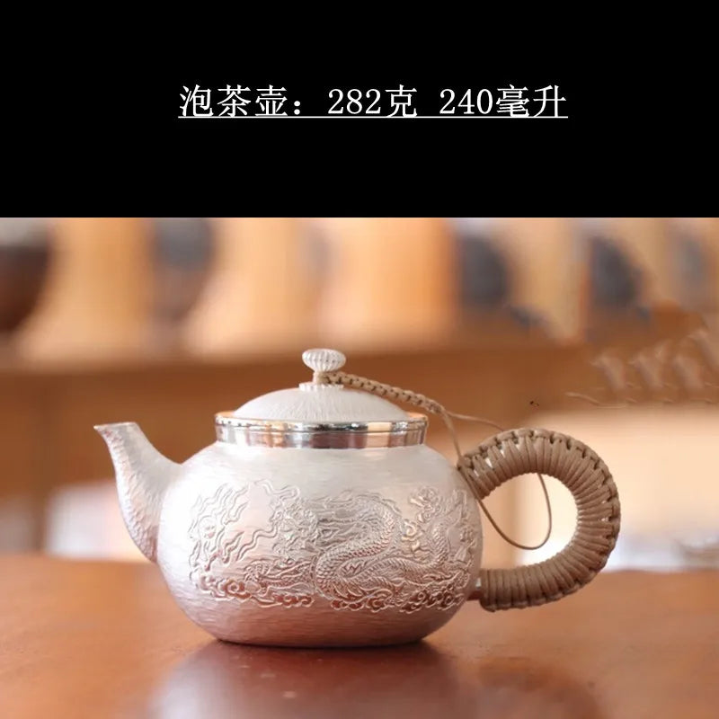 |high-grade teapot 999 sterling silver hand relief fine silver side longfeng xi shi the household single pot pot of tea