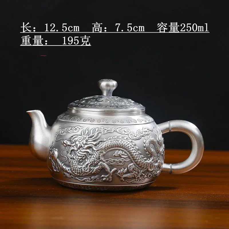 |high-grade teapot 999 sterling silver hand relief fine silver side longfeng xi shi the household single pot pot of tea