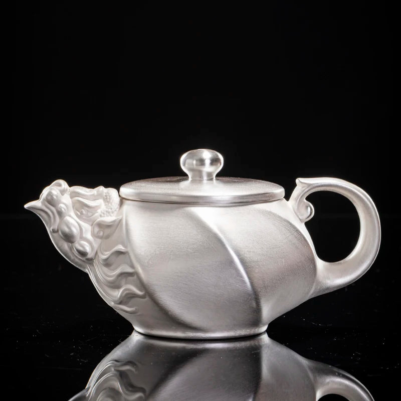 |high-grade teapot 999 sterling silver hand relief fine silver side longfeng xi shi the household single pot pot of tea