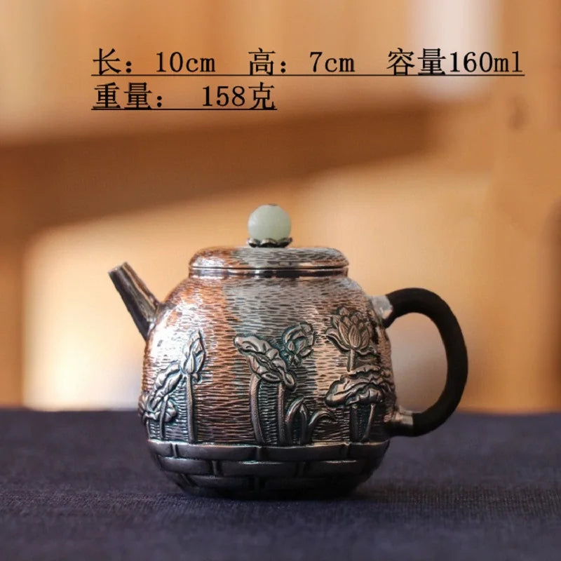 |high-grade teapot 999 sterling silver hand relief fine silver side longfeng xi shi the household single pot pot of tea