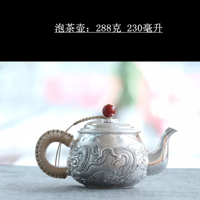 |high-grade teapot 999 sterling silver hand relief fine silver side longfeng xi shi the household single pot pot of tea