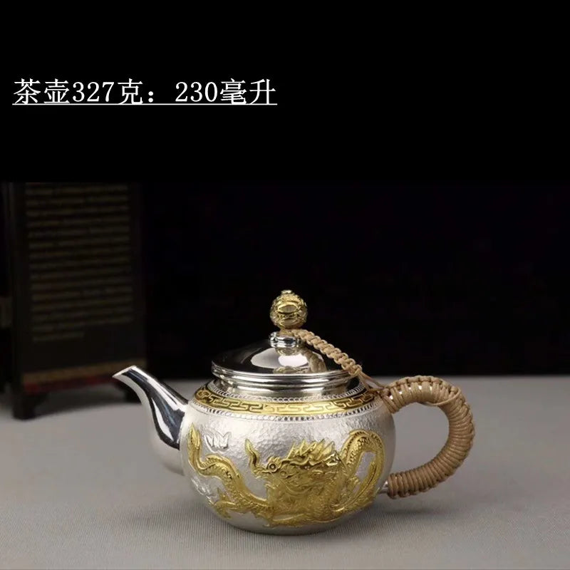|high-grade teapot 999 sterling silver hand relief fine silver side longfeng xi shi the household single pot pot of tea