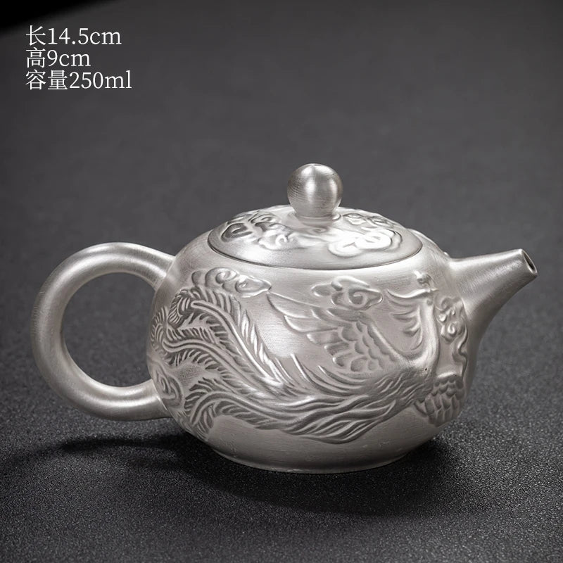 |high-grade teapot 999 sterling silver hand relief fine silver side longfeng xi shi the household single pot pot of tea