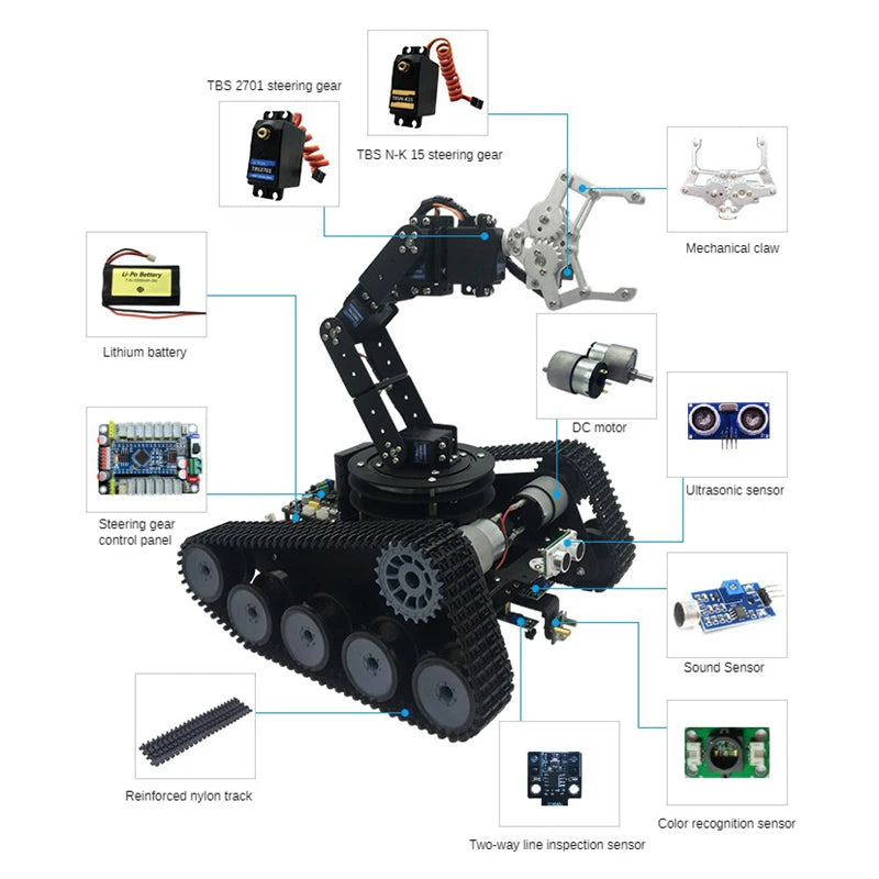 robot 6 degrees of freedom robot arm open source intelligent tracking and obstacle avoidance trolley competition kit