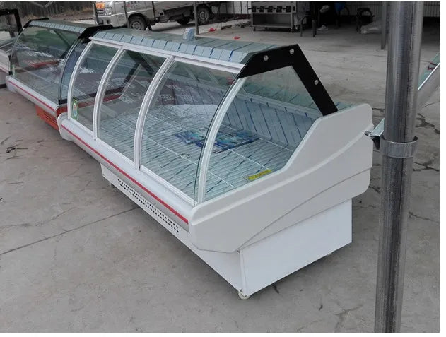 small sliding curved glass door food seafood meat cooked food display freezer cabinet
