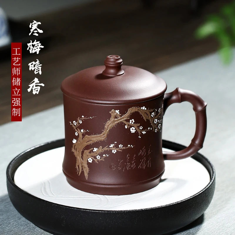 well joy pot 】 yixing purple sand cup ChuLiQiang all hand old purple clay mud painting cold plum fragrance cup 450 cc
