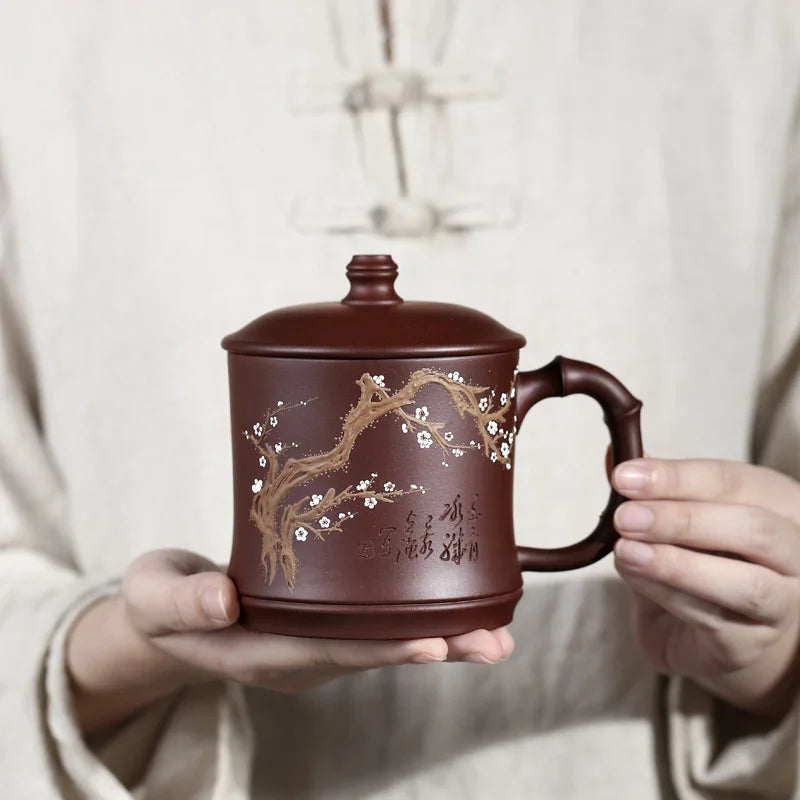 well joy pot 】 yixing purple sand cup ChuLiQiang all hand old purple clay mud painting cold plum fragrance cup 450 cc