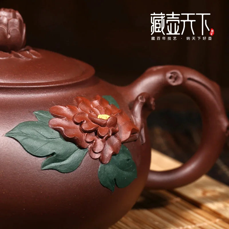 yixing recommended all hand pot of the world famous dell collect old purple clay teapot tea sets peony spring scenery
