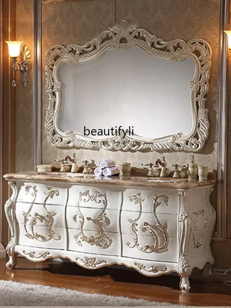 yj European-Style Bathroom Cabinet Red Oak Solid Wood Washstand American Marble Bathroom Cabinet