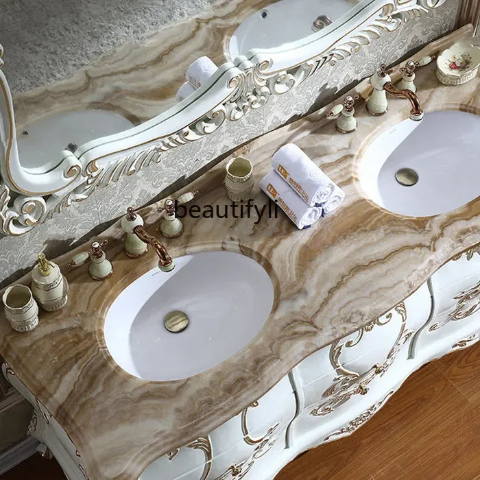 yj European-Style Bathroom Cabinet Red Oak Solid Wood Washstand American Marble Bathroom Cabinet