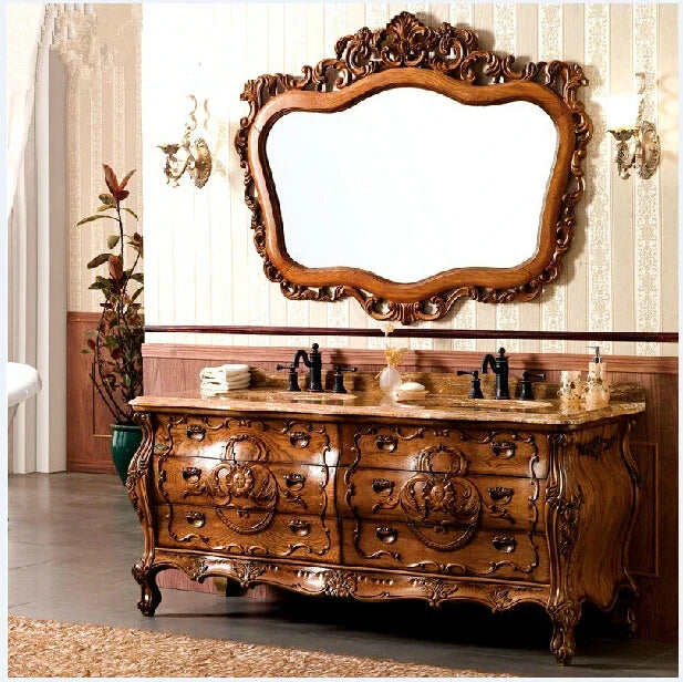 yj European-Style Bathroom Cabinet Red Oak Solid Wood Washstand American Marble Bathroom Cabinet